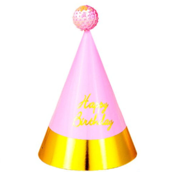 Happy Birthday Cone Hat with Shiny Golden Edges and Sequence Pom Pom - 6 Pcs