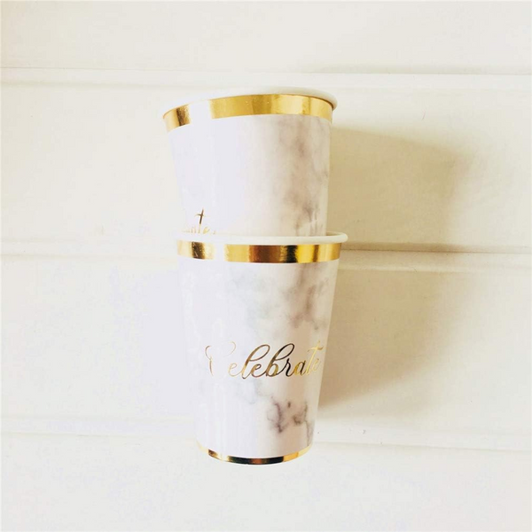 White Marble Pattern with Gold Stripe Paper Cups Set