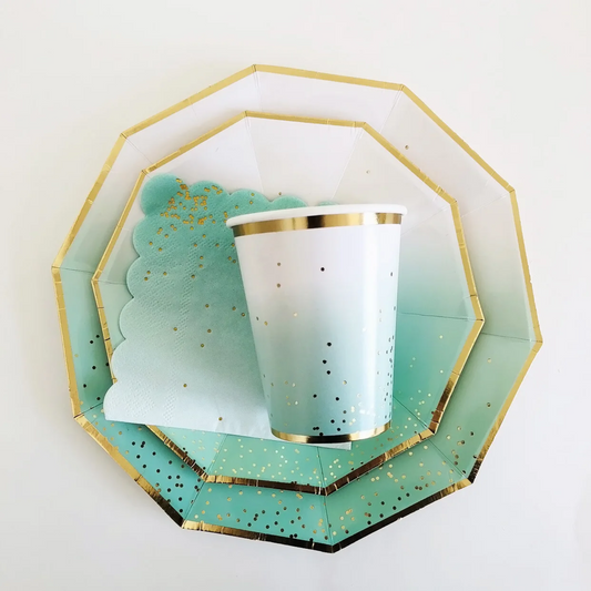 Green Ombre with Gold Foil Dots 9 Inch paper Plates Set