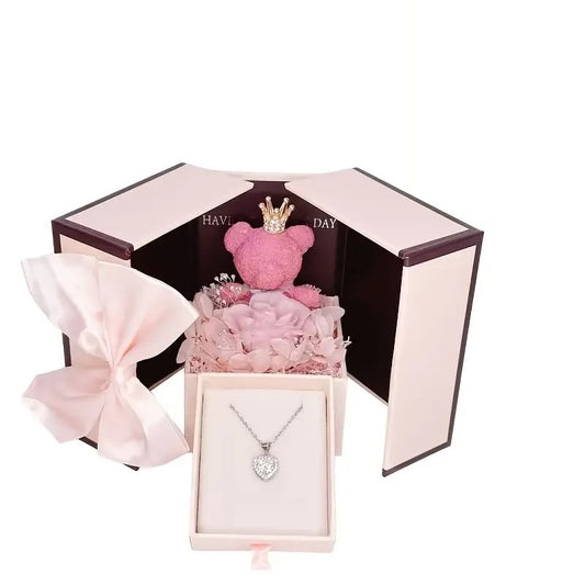 Mothers Day rose bear gift box with Necklace