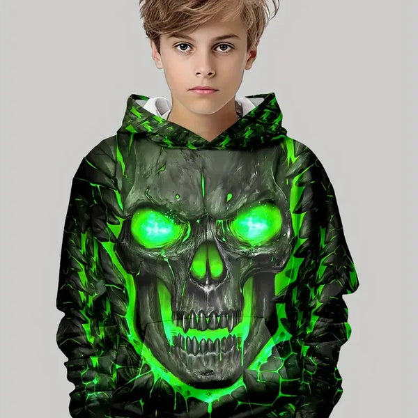 Boy's Spooky Skull Graphic Hooded Sweatshirt - Size 9|10 Years