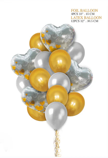 Happy Anniversary Silver Bouquet Heart Gold & Silver Balloons Helium