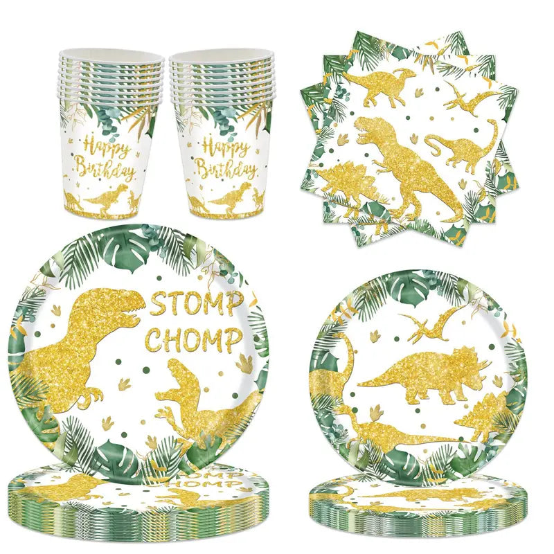 Gold Dino Birthday Party Tableware Set