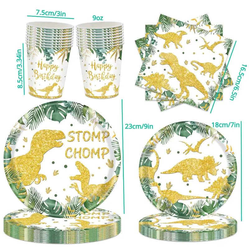 Gold Dino Birthday Party Tableware Set