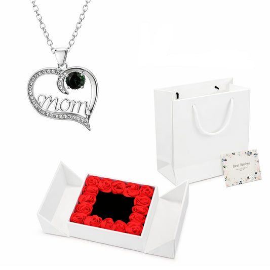 Mom Silver Necklace with Green Stone Rose Gift Box