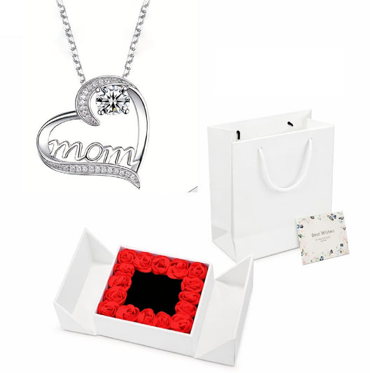 Mom Silver Necklace with White Stone Rose Gift Box