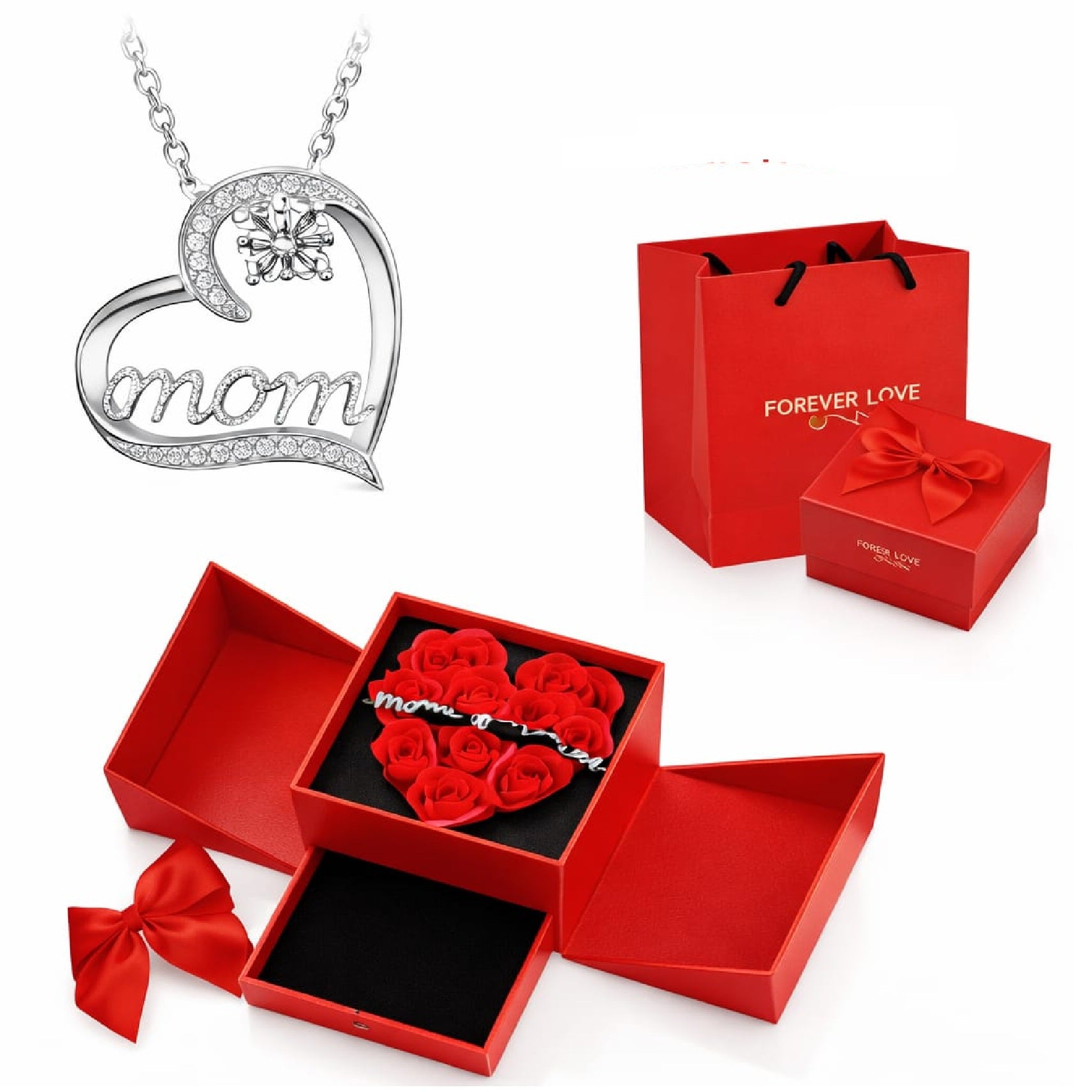 Mom Silver Necklace Rose Gift Box Red