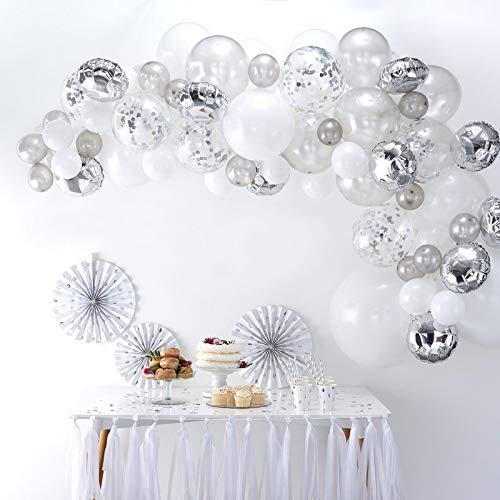Silver Metallic and Silver Confetti Balloon Arch Decorations