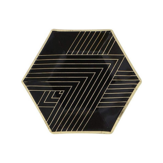 Black Hexagon With Gold Stripes 8 Inch Paper Plates Set