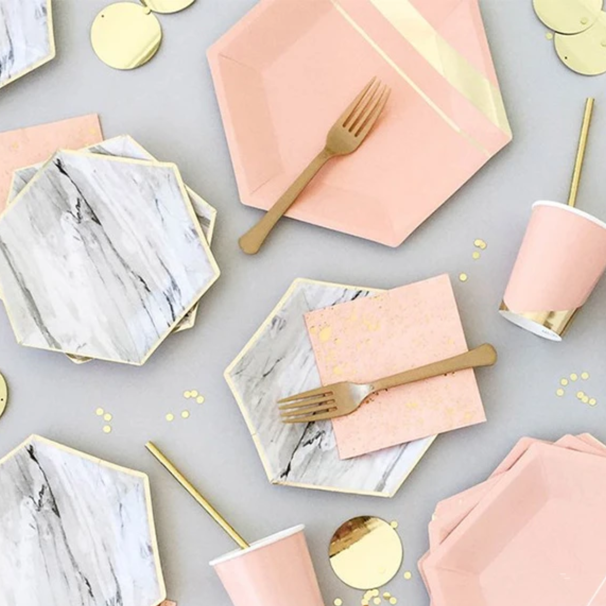 Pastel Pink Marble & Gold Foil Tableware Set