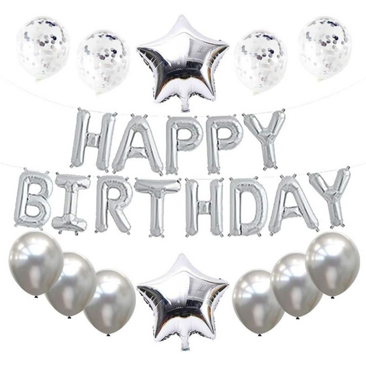 Happy Birthday Balloons Banner Set (Silver)