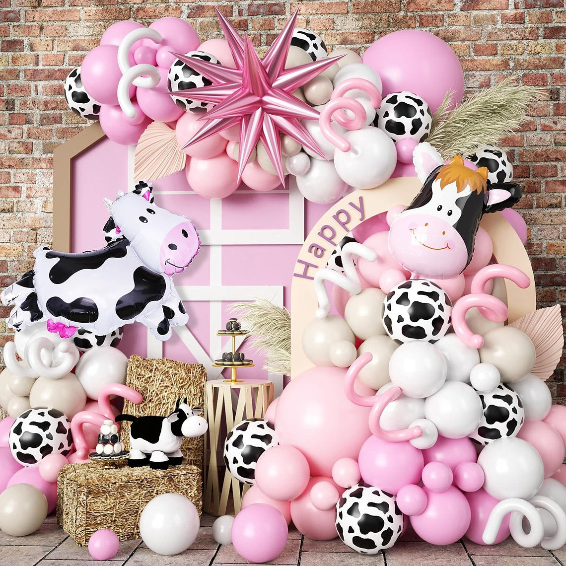 Pink White Cow Balloon Arch Decorations