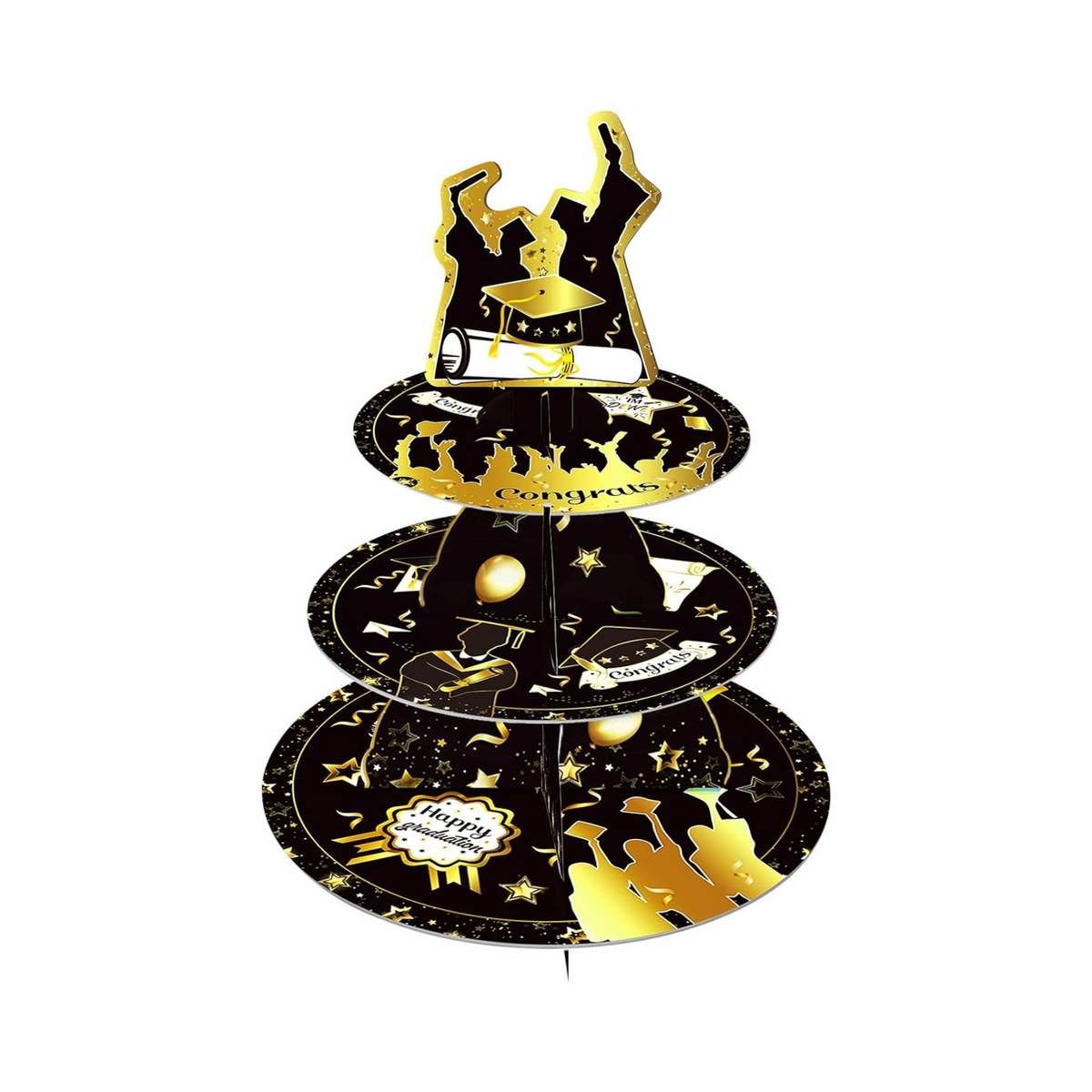 Graduation 3-Tier Black Gold Round Cupcake Stand