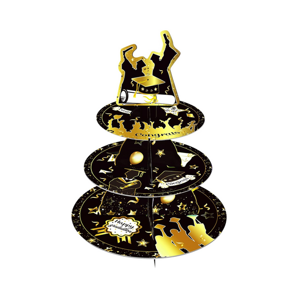 Graduation 3-Tier Black Gold Round Cupcake Stand
