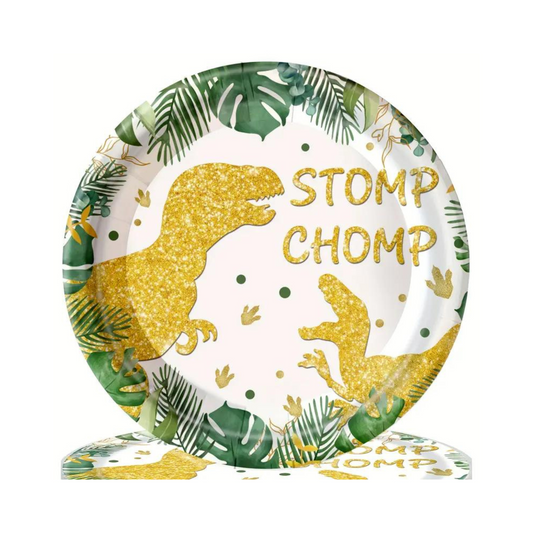 Gold Dino Birthday Party 9 Inch Paper Plates Set