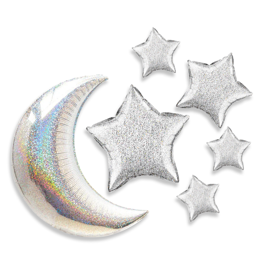 Silver Moon Shape and Star Shape Foil Balloons Set