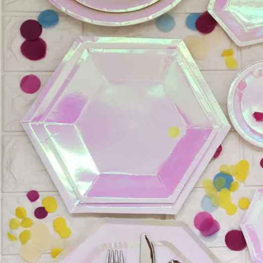 Pink Holographic 9 Inch Paper Plates Set