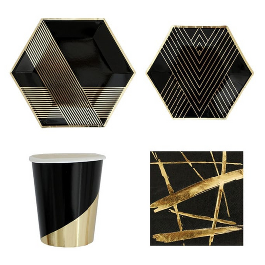 Black with Gold Theme Party Stripes Tableware Set