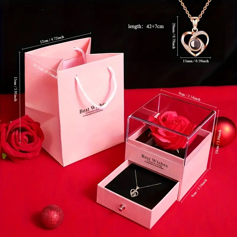 Mother's Day pink Necklace Box with 1 Artificial flower gift box