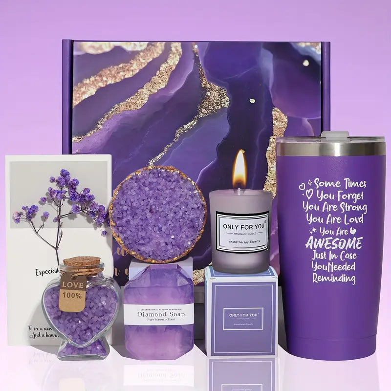 Mother's Day Relaxing Spa Purple Gift Basket Set, Unique Gift Ideas for Women