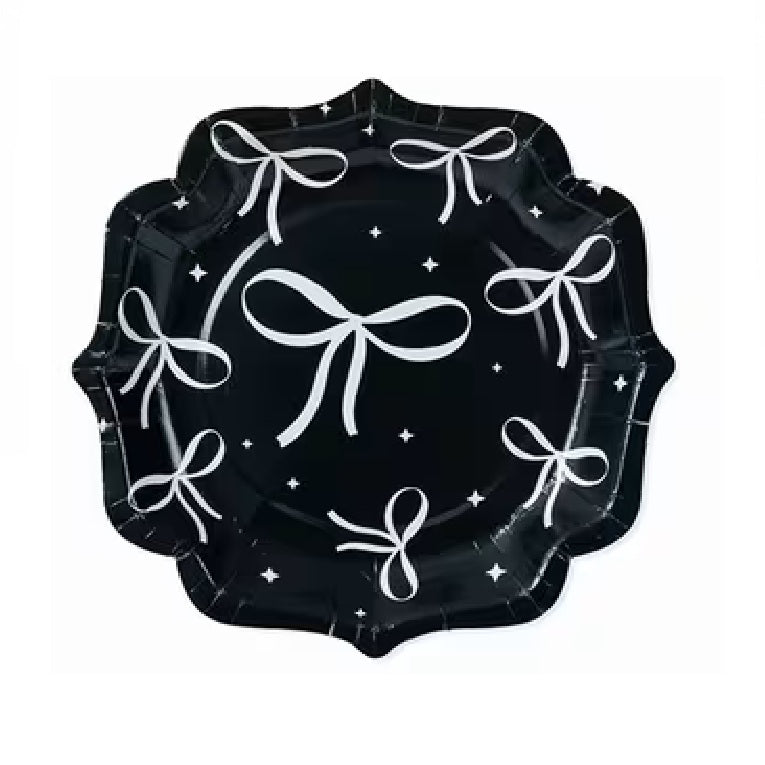 Black and White Bow Happy Birthday 7 Inch Paper Plate