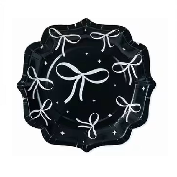 Black and White Bow Happy Birthday 7 Inch Paper Plate