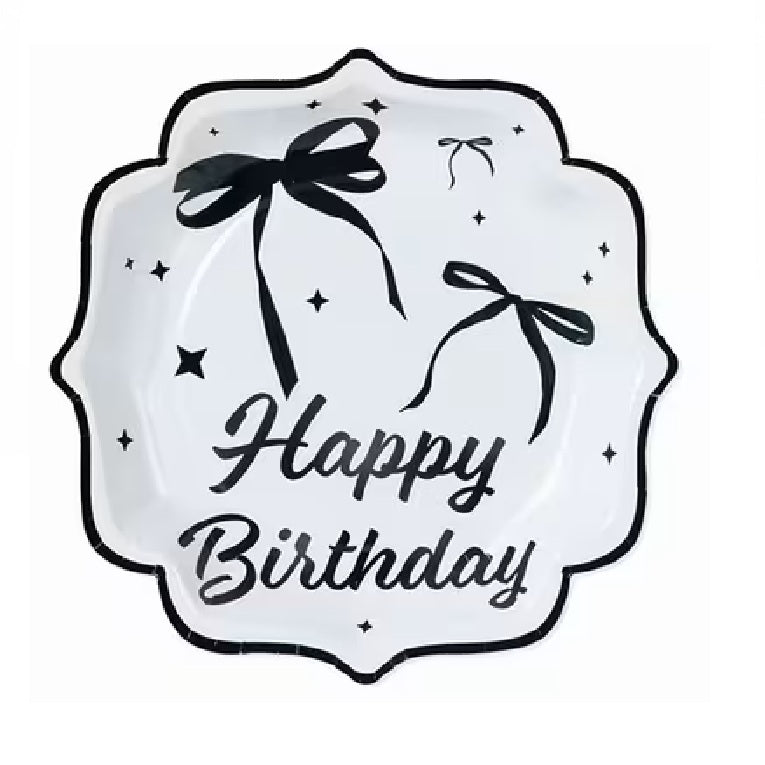 Black and White Bow Happy Birthday 9 Inch Paper Plate