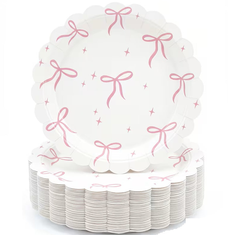 White 7 Inch Paper Plate with Pink Small Bows