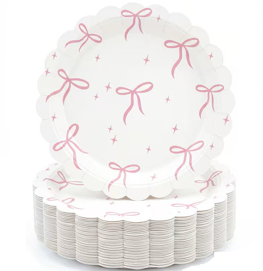 White 7 Inch Paper Plate with Pink Small Bows