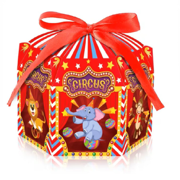 Vibrant Circus Themed Paper Gift Boxes with Red Ribbon
