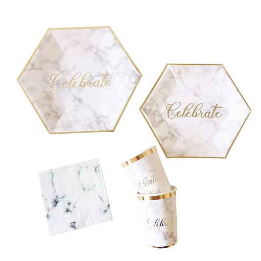 White Marble Pattern with Gold Stripe Tableware Set