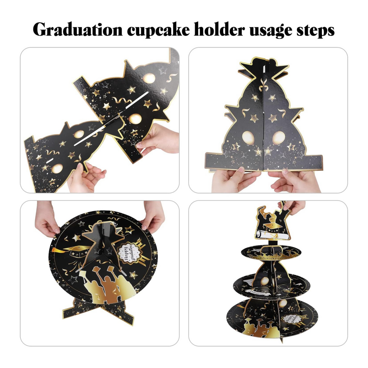 Graduation 3-Tier Black Gold Round Cupcake Stand