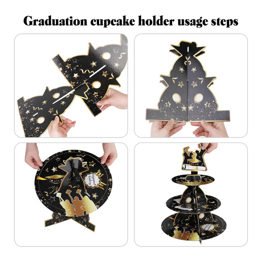 3-Tier Black Gold Round Cupcake Holder for Graduation Season Party