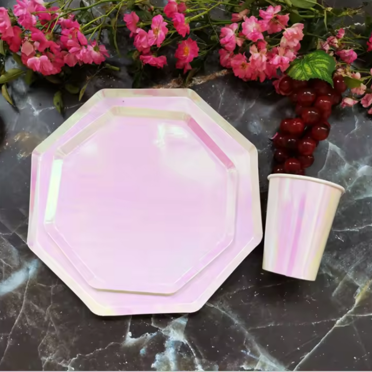 Pink Holographic 9 Inch Paper Plates Set