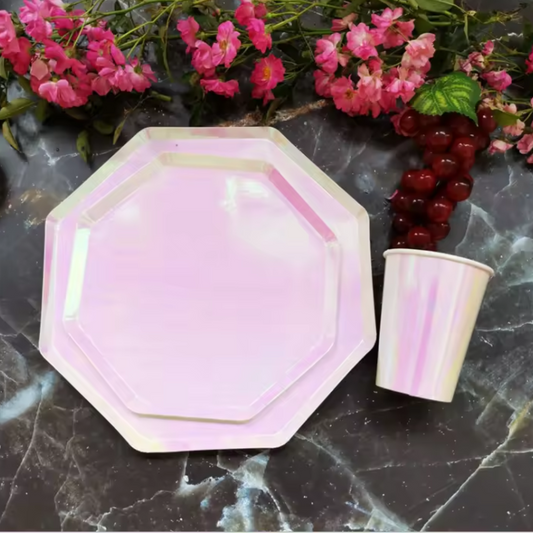 Pink Holographic 7 Inch Paper Plates Set