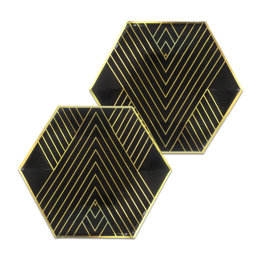 Black Hexagon With Gold Stripes 8 Inch Paper Plates Set