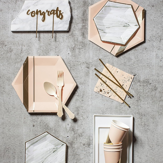 Pastel Pink Marble & Gold Foil 9 Inch Paper Plates Set