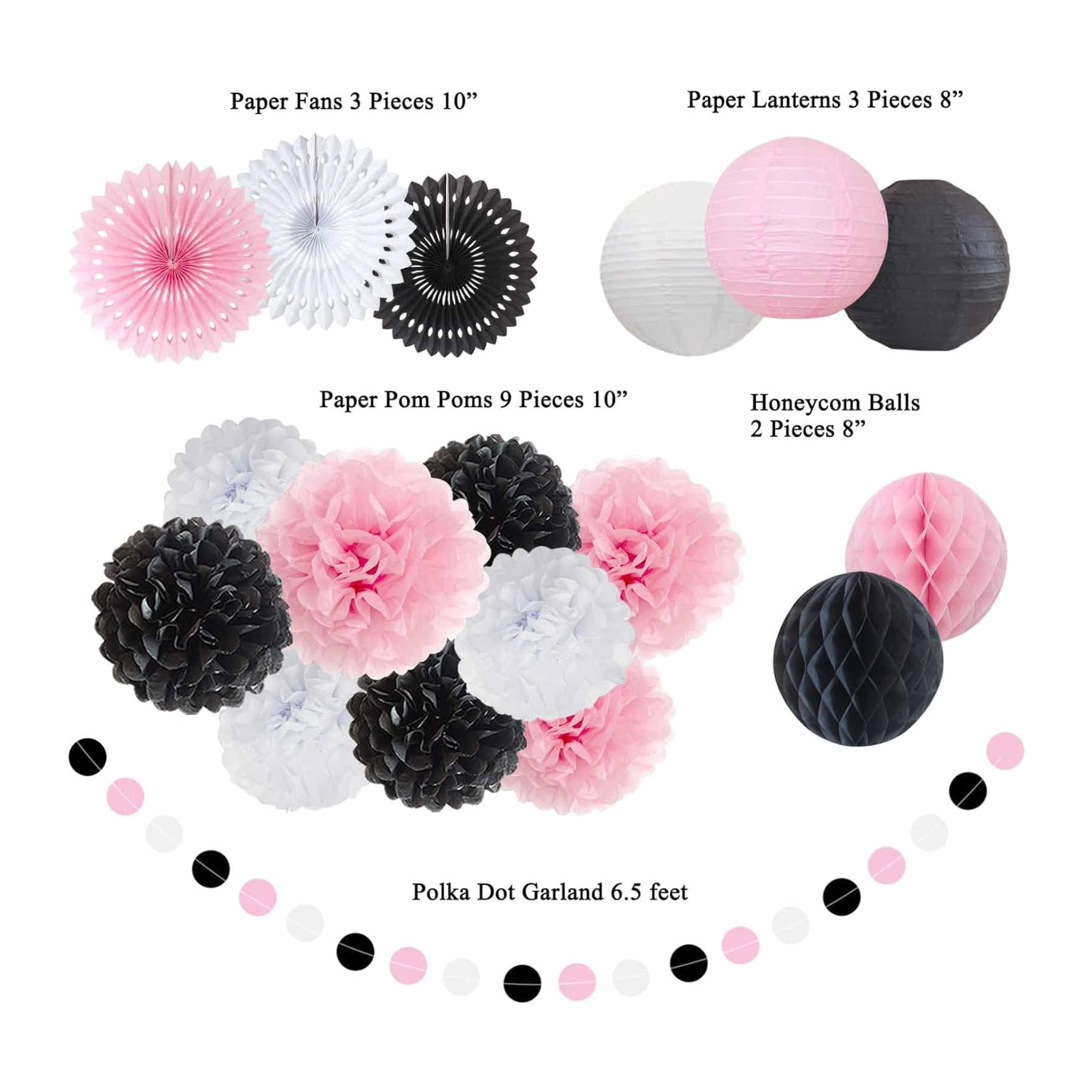 Black Pink and White Hanging Paper Decorations Set