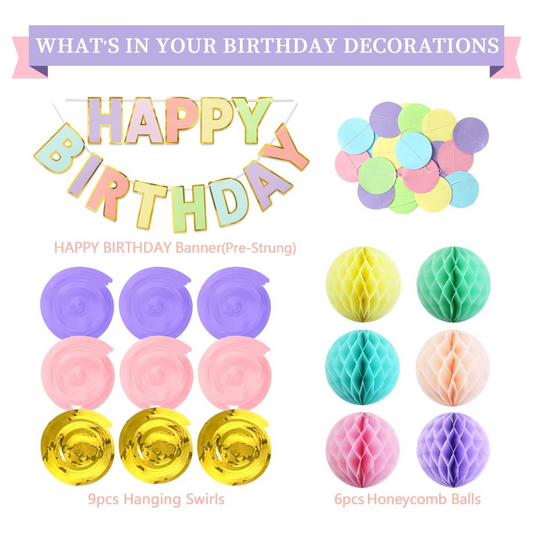 Happy Birthday Banner, Honeycomb Balls, Swirls, Circle Dots Garland Set