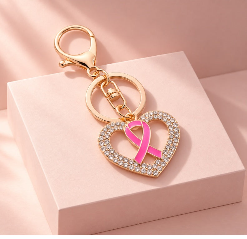 Pink October Ribbon Heart Keychain