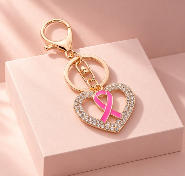Pink October Ribbon Heart Keychain