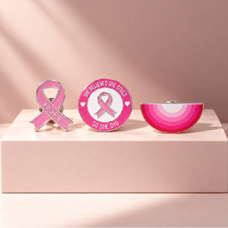 Pink October Ribbon Pins Set - 3 Pcs