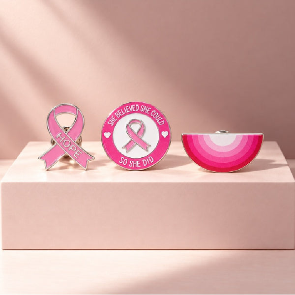 Pink October Ribbon Pins Set - 3 Pcs