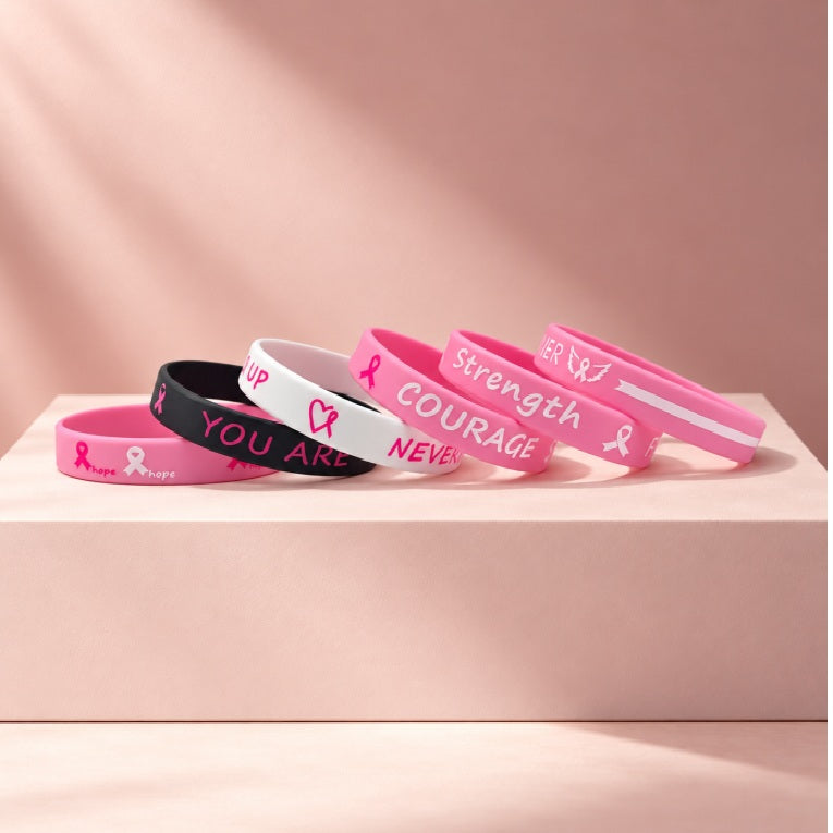 Pink October Ribbon Silicone Wristbands (6 Pcs)