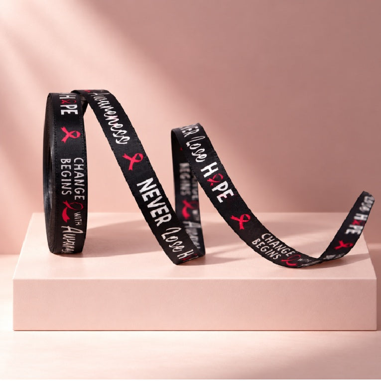 Pink October Ribbon Satin Ribbon - Black