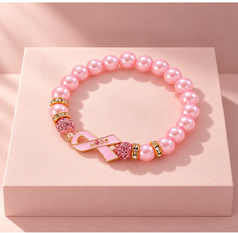 Pink October Ribbon Pearl Beaded Bracelet