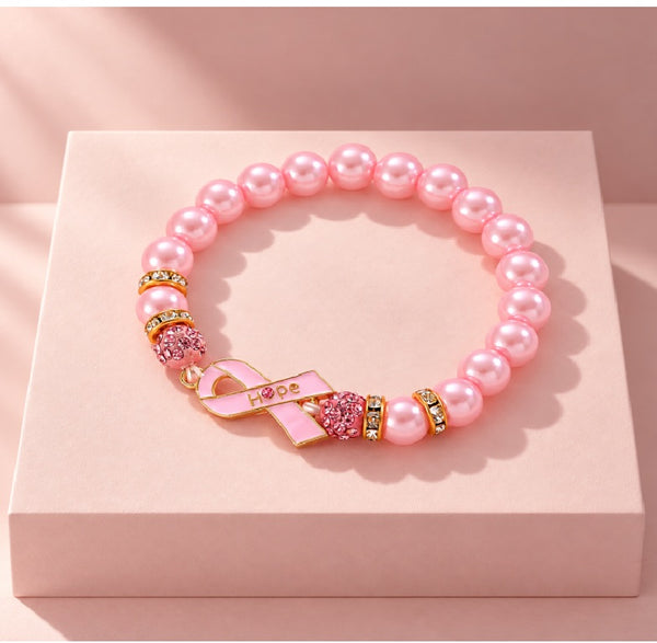 Pink October Ribbon Pearl Beaded Bracelet