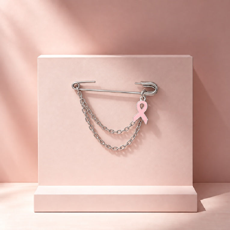 Pink October Ribbon Safety Pin Brooch