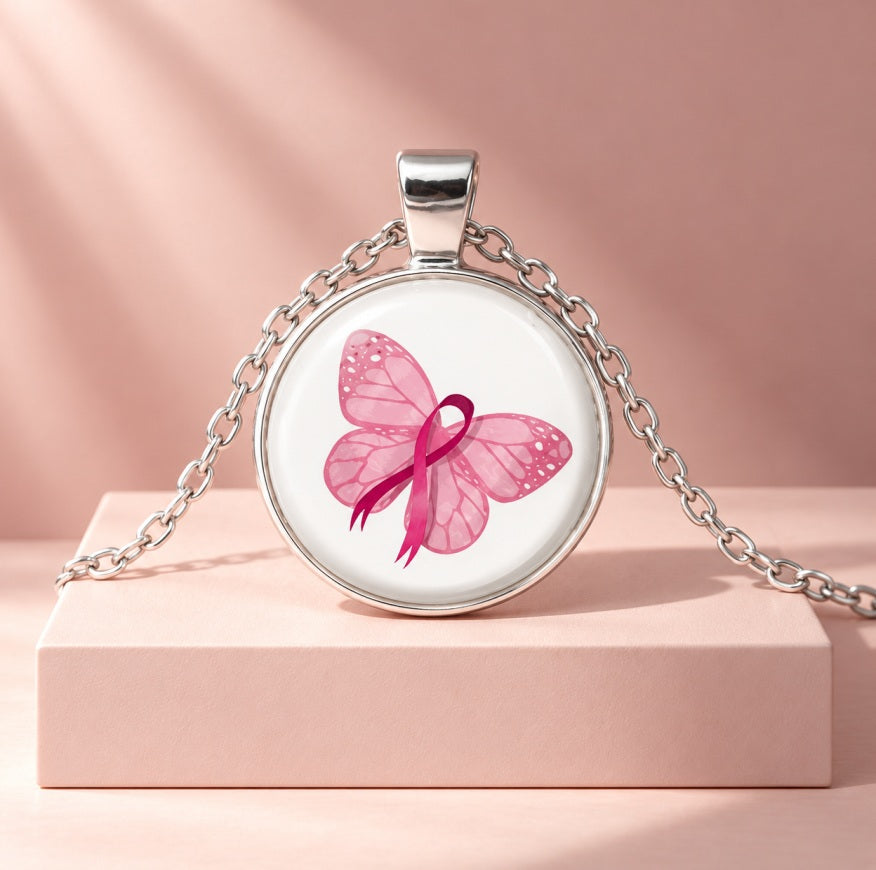 Pink Ribbon Butterfly Pendant Necklace