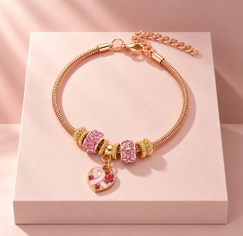 Pink October Ribbon Rose Gold Charm Bracelet